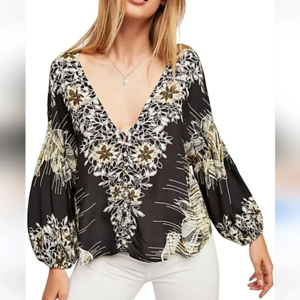 FREE PEOPLE -1816 Birds of a Feather Balloon Sleeve Printed Blouse Black Tan XS‎